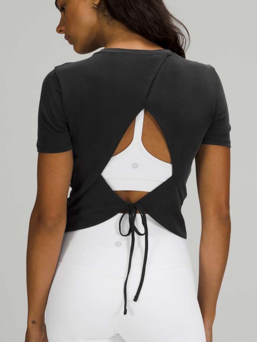 lululemon athletica Black Open-Back Tie Short Sleeve Top